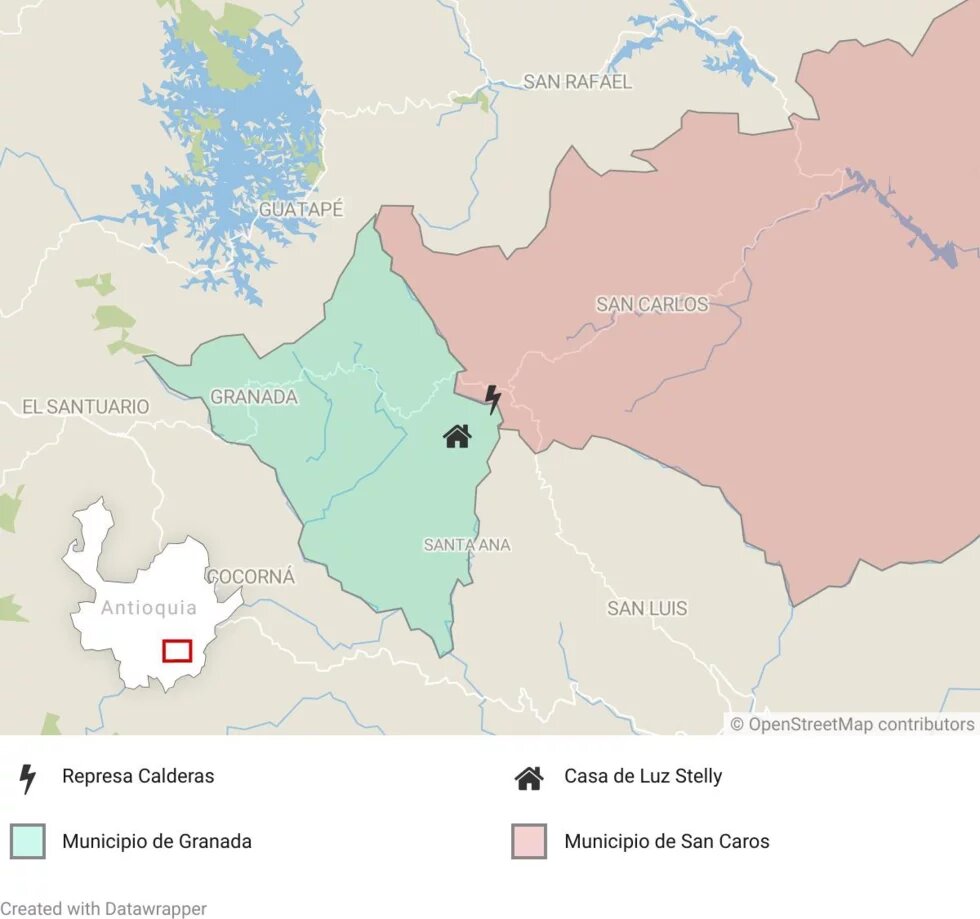 Mapa en el que aparece la ubicación aproximada en la que se encontraba la casa de Luz Stelly y la represa Calderas.