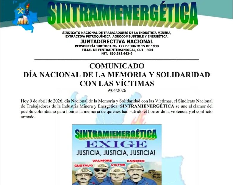 Pantallazo del comunicado de Sintramienergética recordando los 25 años del asesinato de sus compañeros
